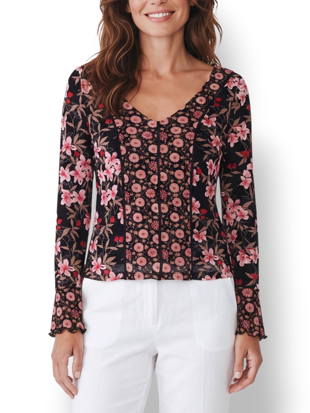 4/$20 Apostrophe Black Pink Floral Mixed Print Bell Sleeve Top Large 14 16